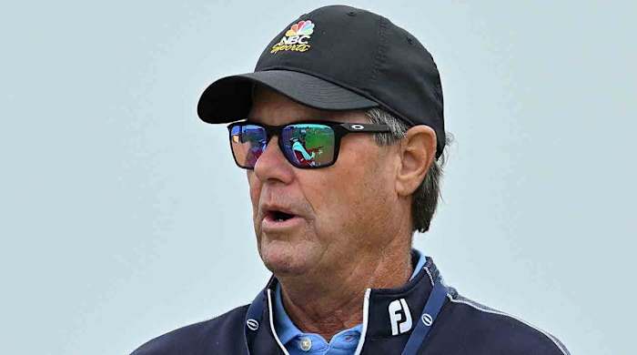 Paul Azinger is pictured during a practice round at the 2023 British Open at Royal Liverpool Golf Course in England.